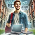 Young man with an enthusiastic expression standing in front of a university campus building, prominently featuring several laptops in the foreground. The text 'Best Laptops for Mechanical Engineering Students' is displayed clearly and creatively integrated into the image.