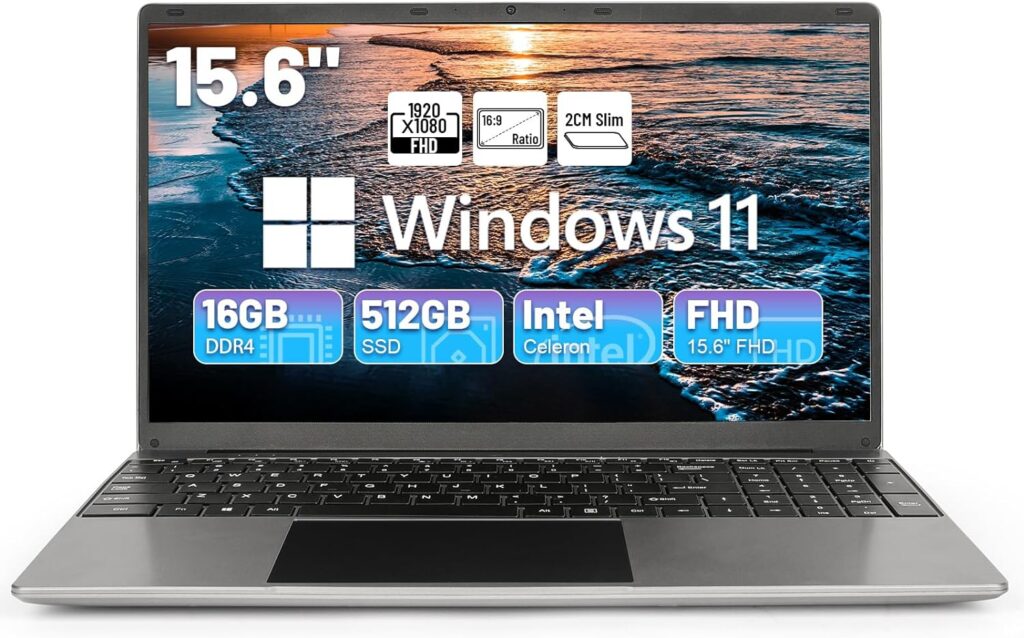 Laptop Computer, Business/Student Laptop 15.6 inch, Quad-Core Intel N5095 Processors, 16GB DDR4 and 512GB SSD, 38000mWh Battery, WiFi, Bluetooth, 2024 US Version