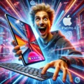 An excited person in a futuristic high-tech environment holding an Apple iPad Pro M4 with the Apple logo clearly visible. The iPad Pro M4 is attached to the Apple Magic Keyboard, surrounded by holographic elements and digital graphics, emphasizing its advanced technology and ultimate user experience.