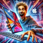 An excited person in a futuristic high-tech environment holding an Apple iPad Pro M4 with the Apple logo clearly visible. The iPad Pro M4 is attached to the Apple Magic Keyboard, surrounded by holographic elements and digital graphics, emphasizing its advanced technology and ultimate user experience.