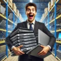 A person in a warehouse filled with used laptops, holding several laptops with an exaggerated expression of excitement and surprise. Background includes shelves and stacks of used laptops, creating a sense of abundance and variety.