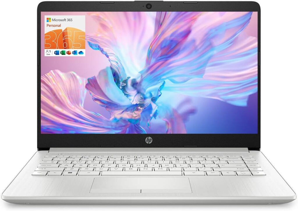 HP Portable Laptop, Student and Business, 14 HD Display, Intel Quad-Core N4120, 16GB DDR4 RAM, 64GB eMMC, 1 Year Office 365, Webcam, RJ-45, HDMI, Wi-Fi, Windows 11 Home, Silver