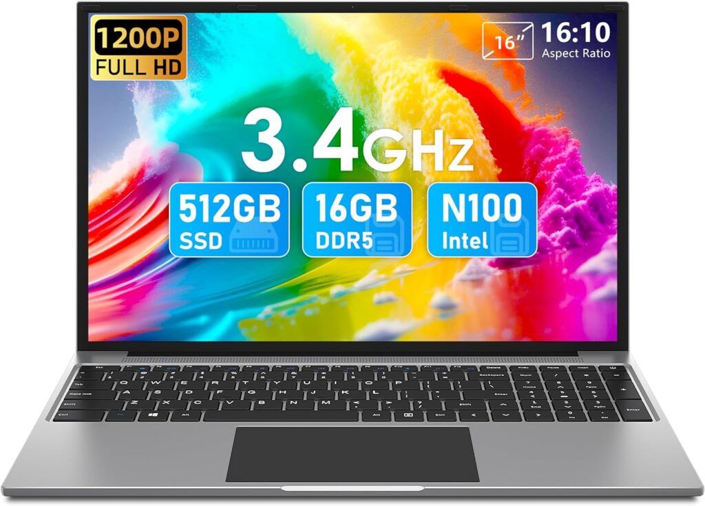 jumper Laptop, 16 Inch Laptops, Alder Lake-N100 Quad Core CPU(Up to 3.4GHz), 16GB RAM 512GB SSD, Notebook Computer with FHD IPS 1920x1200 Display, 4 Speakers, 38WH Battery, Cooling System, USB3.0*2.