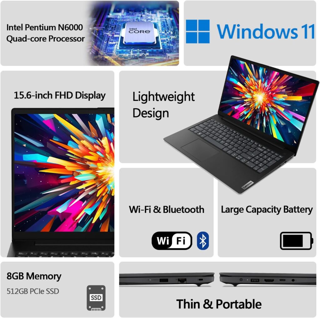 Lenovo Newest 15.6 FHD Laptop, Intel Pentium N6000 Quad-core Processor, 16GB Memory, 1TB SSD Storage, Ethernet Port, HDMI, USB-C, WiFi  Bluetooth, Windows 11 Home, WOWPC USB Bundle