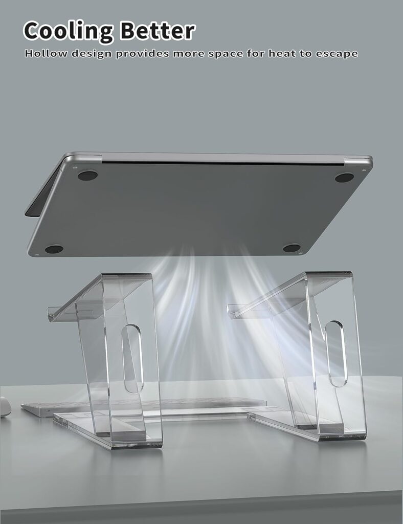 SOUNDANCE Laptop Stand for Desk, Acrylic Computer Riser, Ergonomic Laptops Elevator, Stable Holder Compatible with 10 to 15.6 Inches Notebook Computer, Clear Transparent